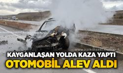 Kayganlaşan yolda kaza yaptı, otomobil alev aldı