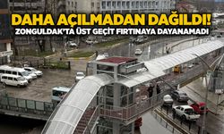 Daha açılmadan dağıldı! Zonguldak’ta üst geçit fırtınaya dayanamadı