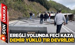 Ereğli yolunda feci kaza: Demir yüklü tır devrildi!