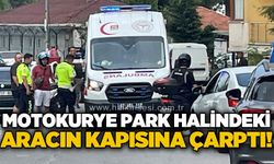 Motorlu kurye park halindeki aracın kapısına çarptı