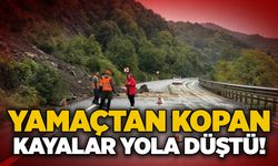 Yamaçtan kopan kayalar yola düştü!