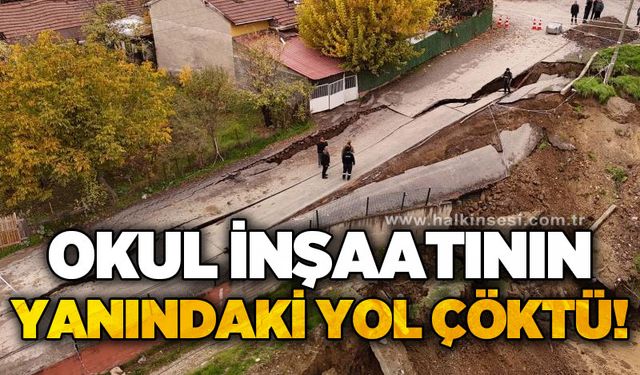 Okul inşaatının yanında çöken yol dronla görüntülendi