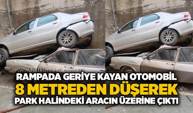 Rampada geriye kayan otomobil 8 metreden düşerek park halindeki aracın üzerine çıktı