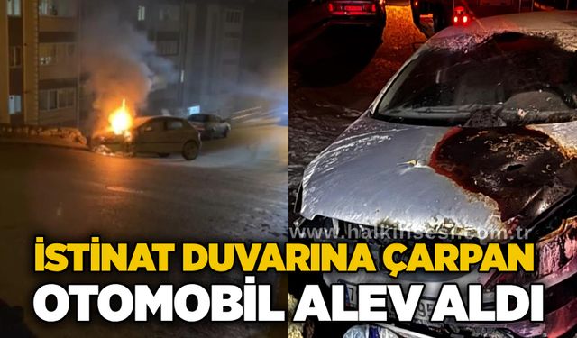 İstinat duvarına çarpan otomobil alev aldı